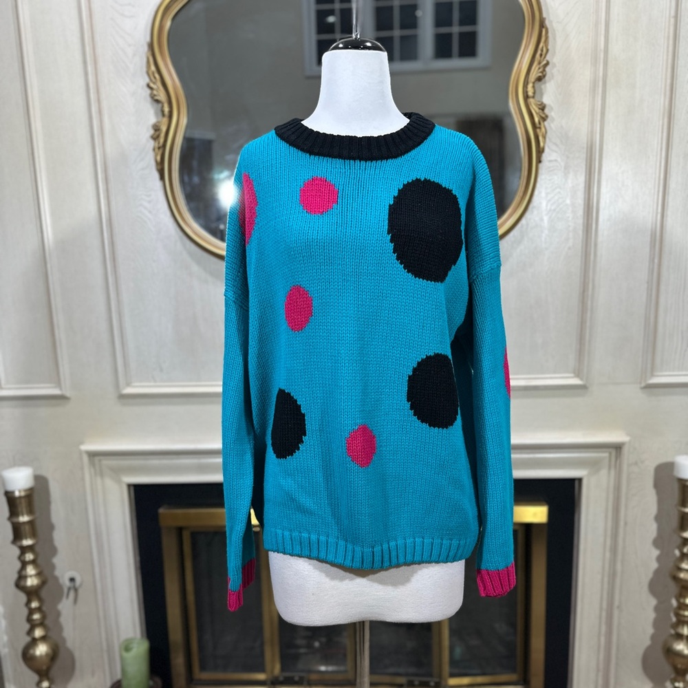 Vintage Emporioβ Gilano 80s 90s Oversized Polka Dot Sweater 2X Blue Black Pink